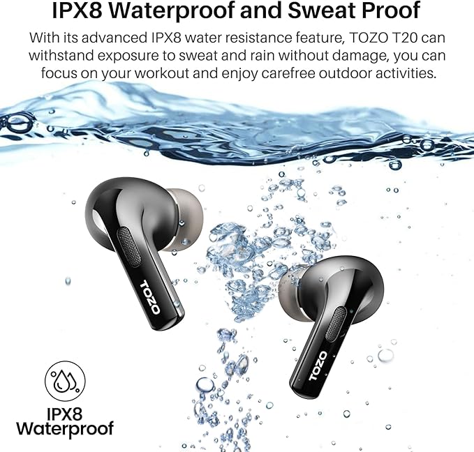 TOZO T20 Wireless Earbuds Bluetooth Headphones 48.5 Hrs Playtime with LED Digital Display, IPX8 Waterproof, Dual Mic Call Noise Cancelling 10mm Broad Range Speakers, 2025 Version