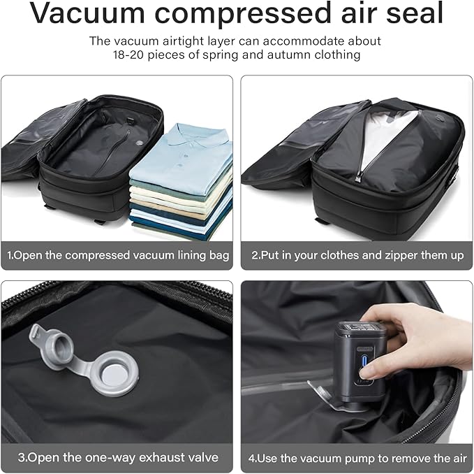 Travel Backpack with Vacuum System,60L Expandable Vacuum Backpack Travel with TSA Lock,17.3 inch Laptop Backpacks Vacpack Backpacks with Vacuum(Black,External Air Pump)