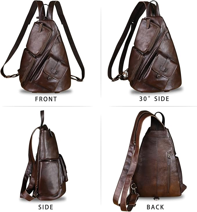 Genuine Leather Large Sling Bag for Men and Women Large Sling Backpack Purse Shoulder Crossbody Chest Bag for Ipad (Coffee)