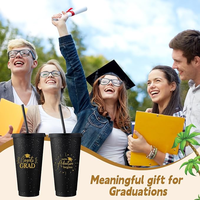 Honeydak 60 Pack Tumbler with Straw and Lid Bulk Glitter Plastic Cups Water Bottle Iced Coffee Travel Mug Reusable Party Favor Cups for Birthdays travel 24-27 oz (Black)