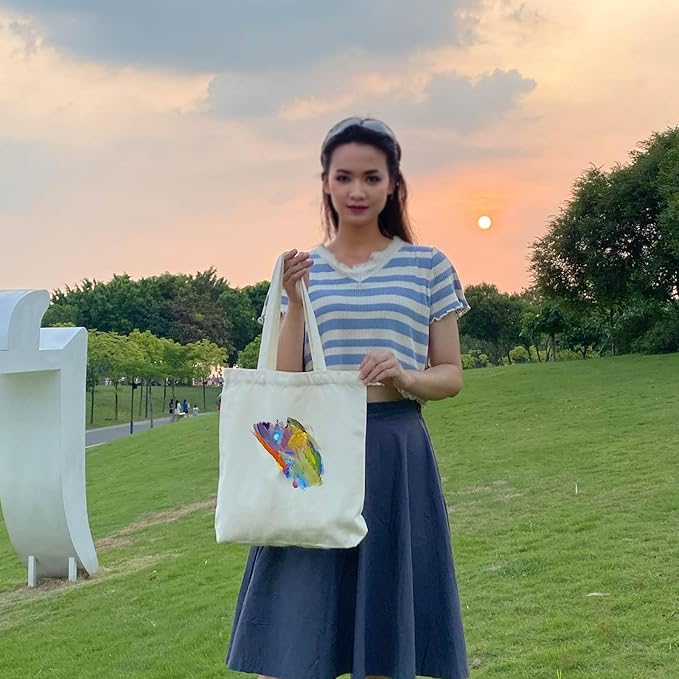 Koolmox 6-Pack 13.5x13.5x3.5 Tote Bags with Zipper, Reinforced Handles and Widen Bottom, Canvas Tote Bag, Grocery Shopping Beach Reusable Totes Bags Vacation Bag Solid Beige Book Bag for Crafts Paint