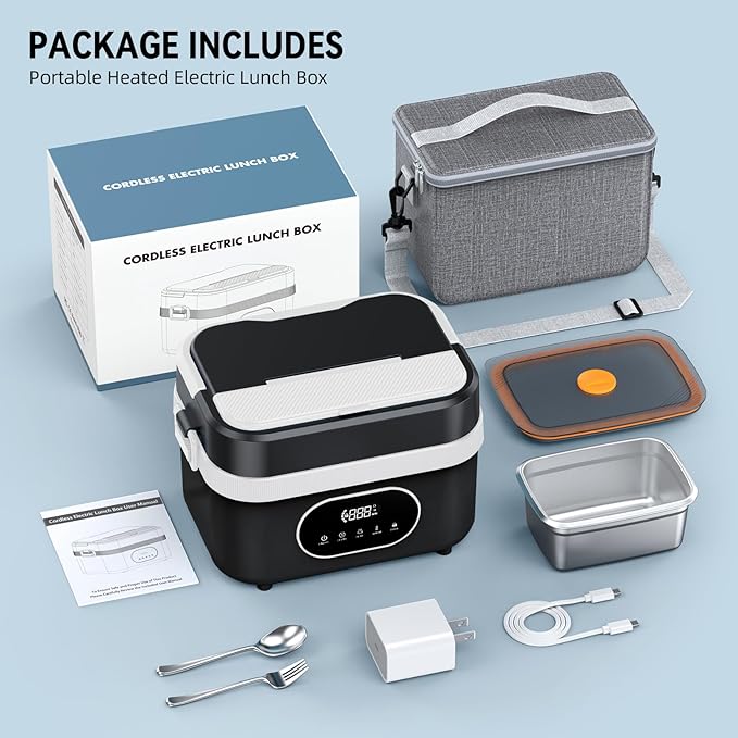 Cordless Electric Lunch Box for Adults, Rechargeable Portable Self-Heating Lunch Box Food Warmer, 1.5L Container for Outdoor, Work, Office, Camping, Travel (Black＆White)