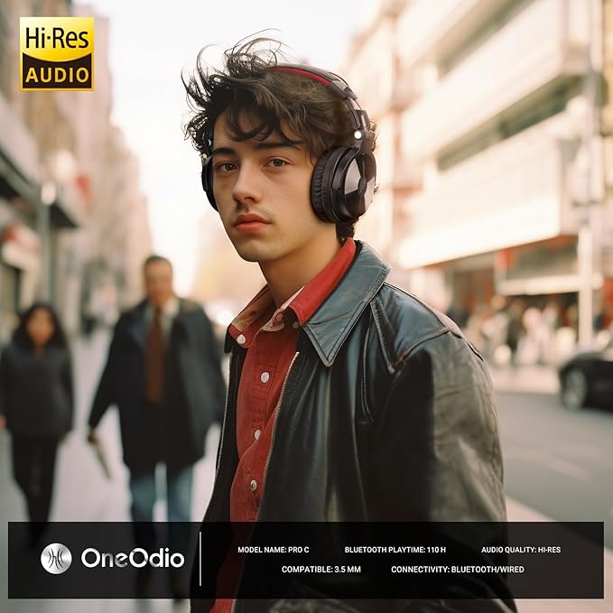 OneOdio Bluetooth Over Ear Headphones, 110 Hrs Wireless/Wired Stereo Sound Foldable Headsets with Deep Bass 50mm Neodymium Drivers for PC/Phone/Tablet - Studio Wireless Pro C, Red