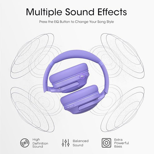 Bluetooth Headphones Over Ear, 80H Playtime Wireless Headphone with 3 EQ Modes, Built-in Mic, Deep Bass, HiFi Stereo Foldable Wireless Headset for iPhone PC Travel Workout Office (Purple)