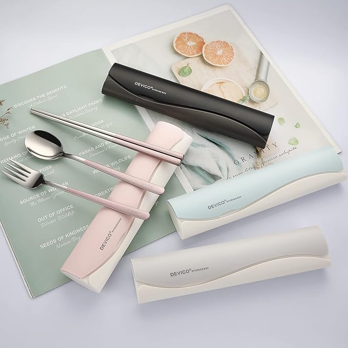 DEVICO Portable Travel Utensils with Case, Reusable Camping Silverware for Lunch, 18/8 Stainless Steel Cutlery Set (Pink)