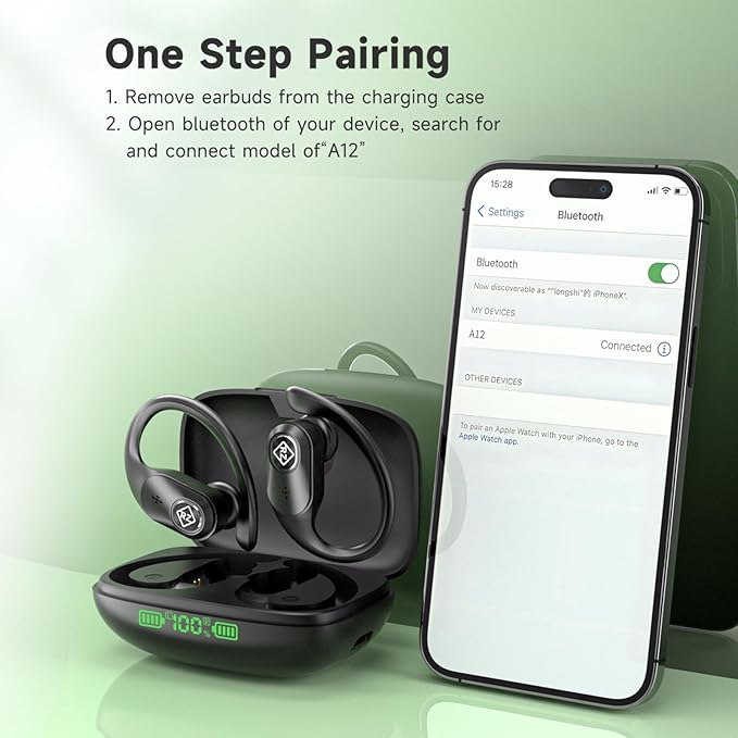 Wireless Earbuds Bluetooth Headphones 96H Playtime LED Display Waterproof Built in Mic Deep Bass Sound Secure Over Ear Buds Ear Hooks for Phone Android Samsung Cell Phones Gym Running Workout Fitness