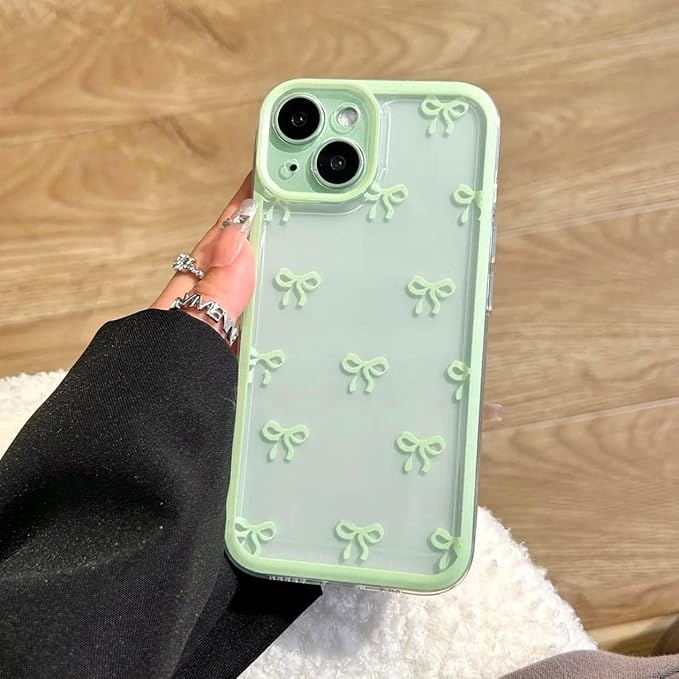 EYZUTAK Case for iPhone 15 Plus, Clear Cute Ribbon Bowknot Pattern Aesthetic Transparent Phone Case Raised Camera Protection Stylish Slim Soft Durable TPU Protective Cover for Women Girls - Green