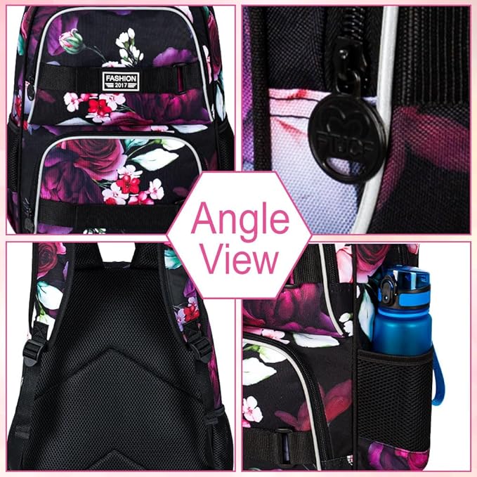 17 Inches Backpack for Girls Women, 3Pcs Rose Laptop Backpacks with Lunch Bag, Water Resistant College School Bookbag Set for Teens Students(Black)