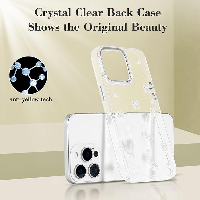 EYZUTAK Case for iPhone 15 Pro, Bling Glitter 3D Bowknot Phone Case Cute Sparkly Crystal Clear Bow Aesthetic Design Case Slim Soft Durable TPU Transparent Protective Cover for Women Girl - White Bow