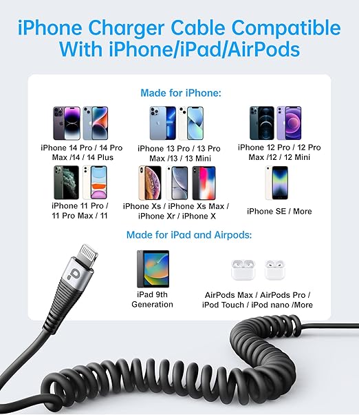 Coiled Lightning Cable 3ft, 2 Pack iPhone Charger Cable for Car, [Apple MFi Certified] Short Retractable Charging Cord Compatible with iPhone 14/13/12/11 Pro Max/XS MAX/XR/XS/8/iPad/iPod/CarPlay