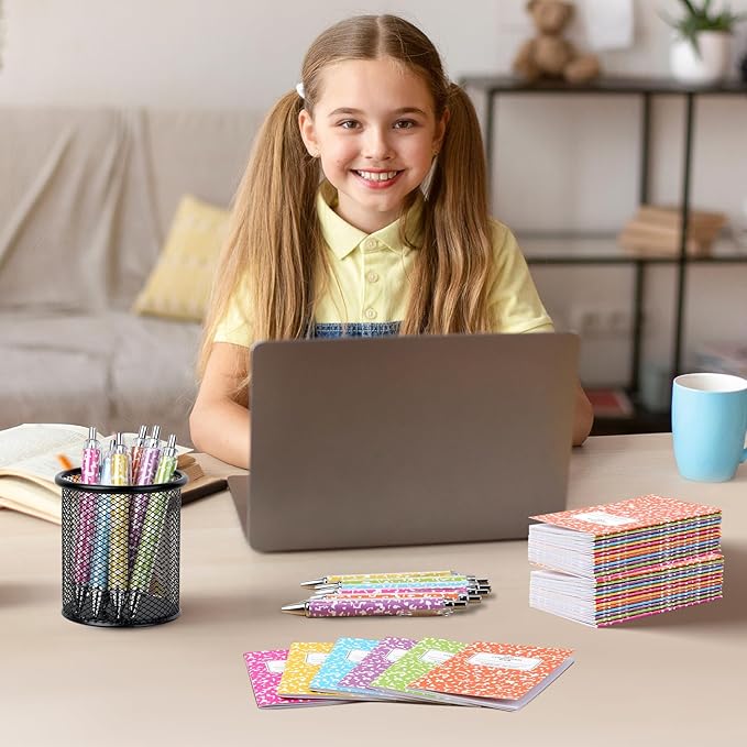 48 Pack Bulk Mini Composition Notebook with Rainbow Colors Ballpoint Pens Sets, 3.1x4.9 inch Hard Cover,16 Sheets Per Comp Book Marble Composition Notebook for School College & Office Supplies