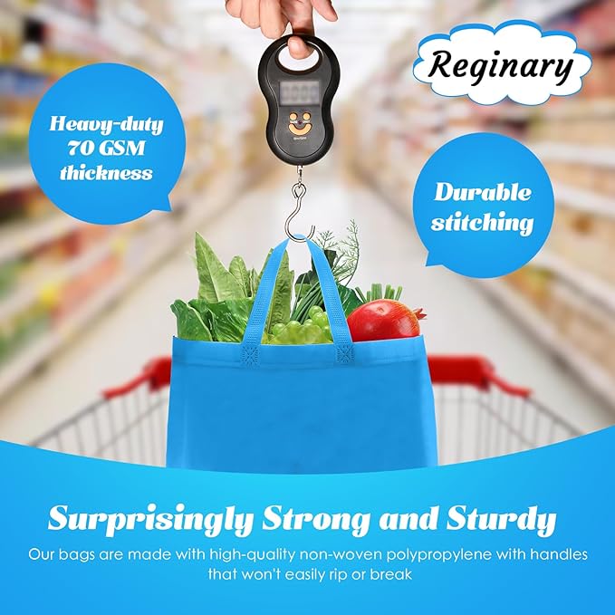 Reginary Reusable Totes Bags - 100 Pcs Non Woven Grocery Handle Bags for Shop Events & Retail Store(Sky Blue)