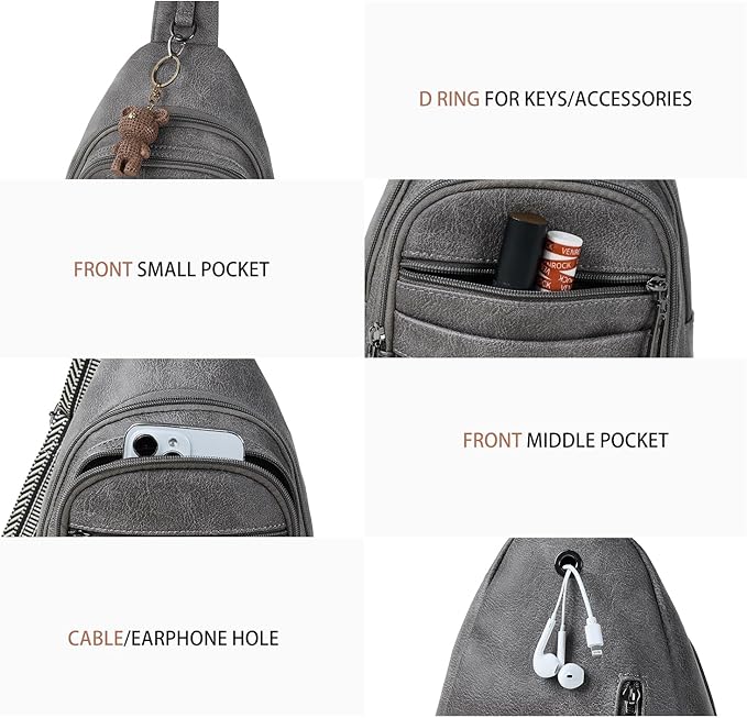 Sling Bag for Women Crossbody Bags Sling Purse Cross Body Backpack Vegan Leather Over Shoulder Bag Travel Dark Grey