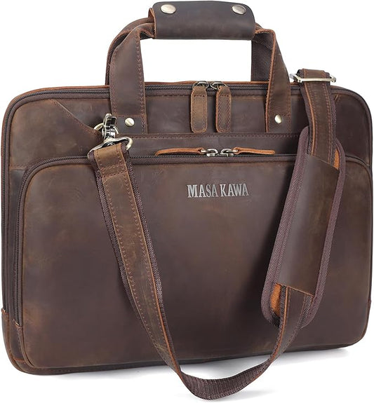 Masa Kawa Leather Laptop Briefcase for Men Fits 15.6" Computer Slim Crossbody Shoulder Messenger Bag Attache Case for Business Work, Vintage Brown