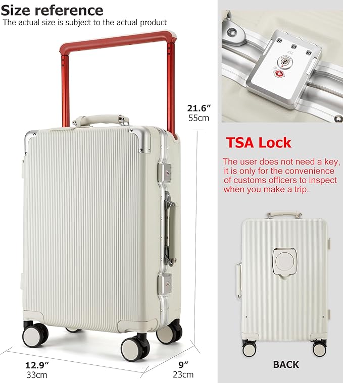 feilario 20'' Aluminum Frame Wide Handle PC Hardside Carry On Luggage - Double Spinner Wheels Luxury Rolling Travel Suitcase with TSA Lock & Cup Holder