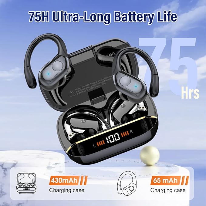 Wireless Earbuds Bluetooth 5.4 Headphones 75H Stereo Deep Bass Sports Over Ear Buds with Earhooks, LED Display Bluetooth Earbuds with 4 ENC Mic, IP7 Waterproof Earphone for Running, Black