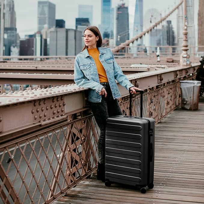 NINETYGO Medium Checked Luggage 24 Inch, Checking In Luggage with Smooth Spinner Wheels, Lightweight, Hard Shell PC Suitcase, Lightweight Travel Luggage, TSA Approved (Black, Rhine Basic)