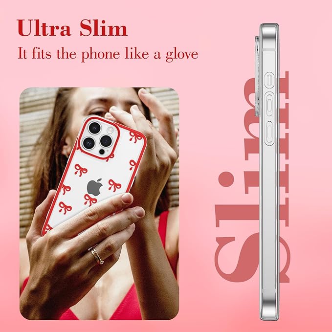 EYZUTAK Case for iPhone 14 Pro Max, Clear Cute Ribbon Bowknot Pattern Aesthetic Transparent Phone Case Raised Camera Protection Stylish Slim Soft Durable TPU Protective Cover for Women Girls - Red