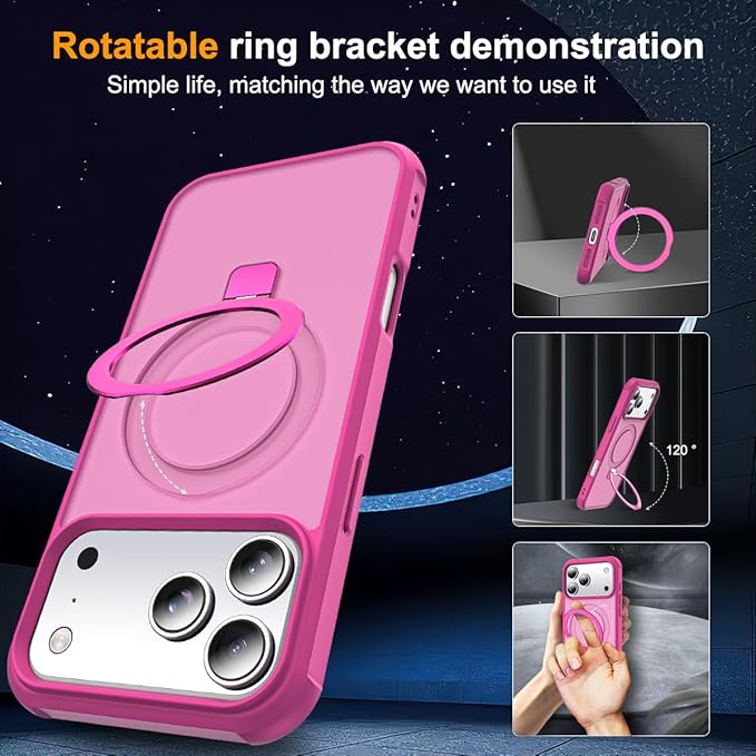 Compatible with iPhone 17 Pro Max Case with Invisible Magnetic O-Ring Stand Military-Grade Translucent Case for iPhone 17 ProMax 6.9" [Compatible with Mag-Safe][Great Grip Feeling], Rose