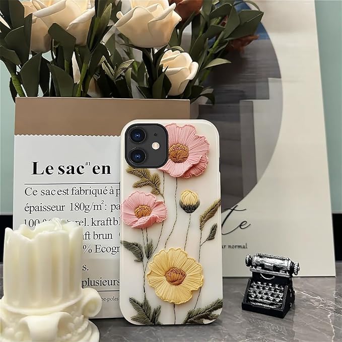 Case for iPhone 11 Case,Faux Embroidery Boho Floral Design - Hybrid Dual Protection Silicone + Hard PC Shockproof Full Body Cover Slim Anti-Scratch Protective Case for Men Women