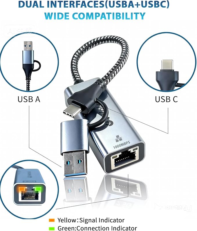 Ethernet to USB Adapter, 1Gbps USB to RJ45 Gigabit LAN, USB 3.0 Ethernet Adapter Compatibility 10/100/1000Mbps. Compatible with Laptops, PC, Mac OS, Linux and More