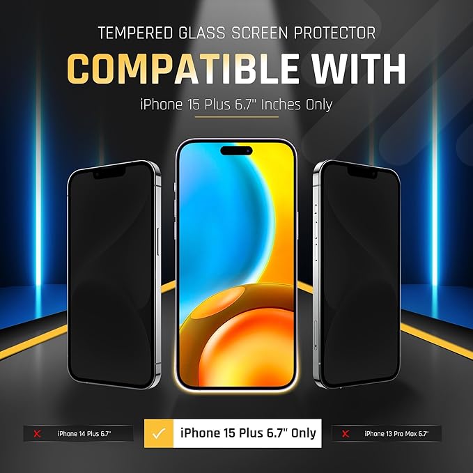 TEMPRTEK+ 2 Pack for iPhone 15 Plus Simple Screen Protector Privacy 9H Military Grade Scratch Fingerprint Resistance Anti-Glare Shatterproof Tempered Glass Anti-Spy Easy Installation Bubble Free