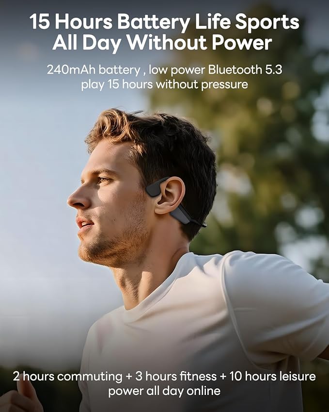 Bone Conduction Headphones, Open Ear Headphones Wireless Bluetooth, 15H Playtime, Dual Stereo Bass Technology, 27g Lightweight Wear, Call Noise Cancellation, IPX6 Waterpoof for Commuting, Walking