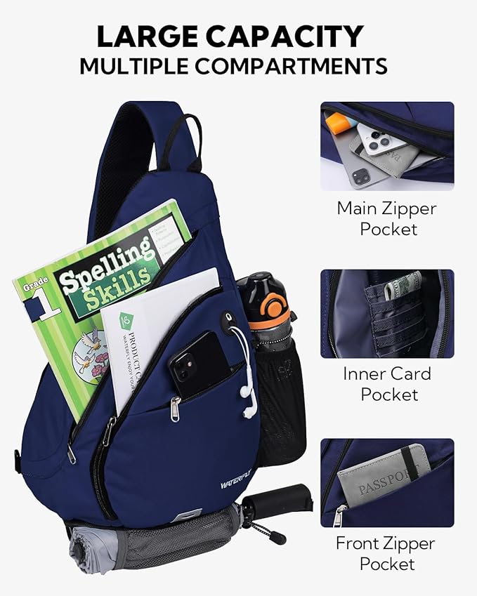 WATERFLY Sling Bag Crossbody Backpack: Over Shoulder Daypack Casual Cross Chest Side Pack (Large, Blue)