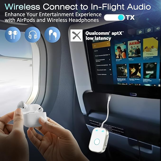 Bluetooth Transmitter Receiver, 2-in1 Bluetooth Adapter for Airplane, 5.3 Transmitter for TVs, Gym Equipment, Cars,Use with 3.5mm Jack and RCA Cable