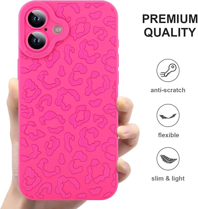 ZIYE for iPhone 16 Case Hot Pink Leopard Pattern Phone Case with Camera Protection,Soft TPU Silicone Rubber Protective Cover Cheetah Design Cases Compatible with iPhone 16 6.1 Inch