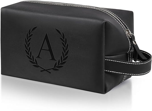 Personalized Gifts Travel Toiletry Bag for Men Engraved Initial PU Leather Waterproof Shaving Bag for Toiletries Accessories Fathers Day Birthday Gift for Men Dad Husband Son, Black A