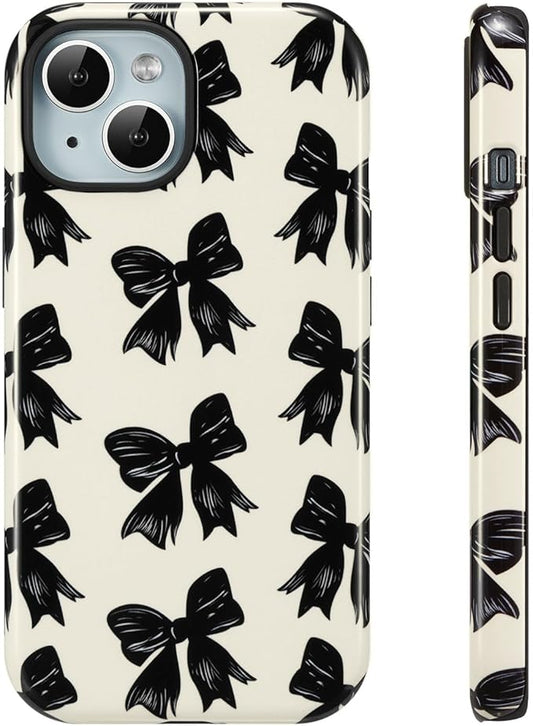 QLTYPRI Case for iPhone 16e, Aesthetic Black Ribbon Bow Phone Case for Girls Women, Protective Hybrid 2-Layer Hard Shell Silicone Cover Durable Shockproof Phone Cover - Beige