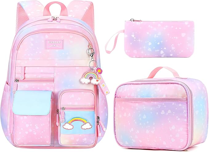 Girl Backpack for School Kids, Pink Cute Bookbag with Lunch Box Rainbow Elementary School Bag Pencil Case (Pink,3Pcs Set)