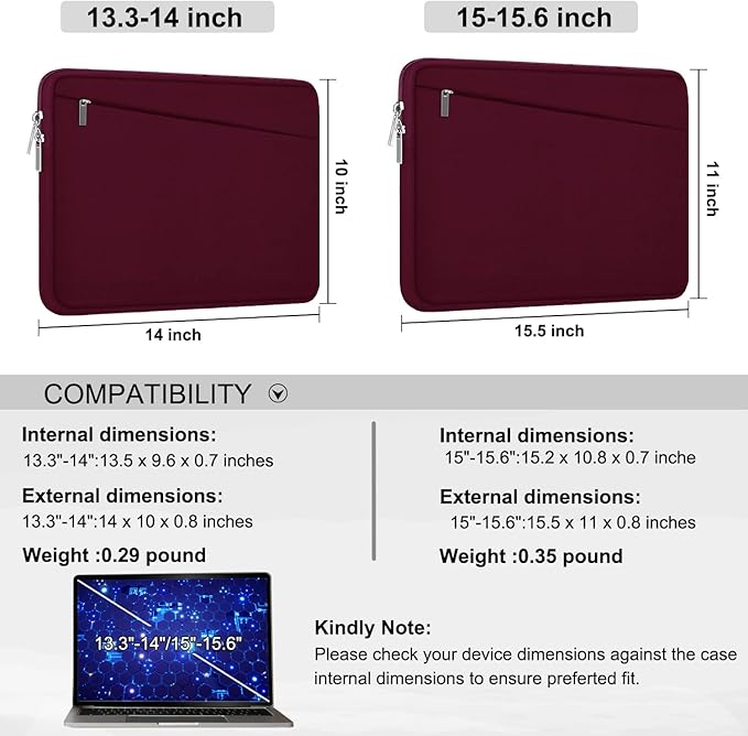Laptop Sleeve 15.6 inch, Durable Computer Carrying Bag Protective Case Briefcase Handbag with Front Pocket, Slim Laptop Cover for 15.6 Inch HP, Dell, Lenovo, Asus, Notebook, Wine Red