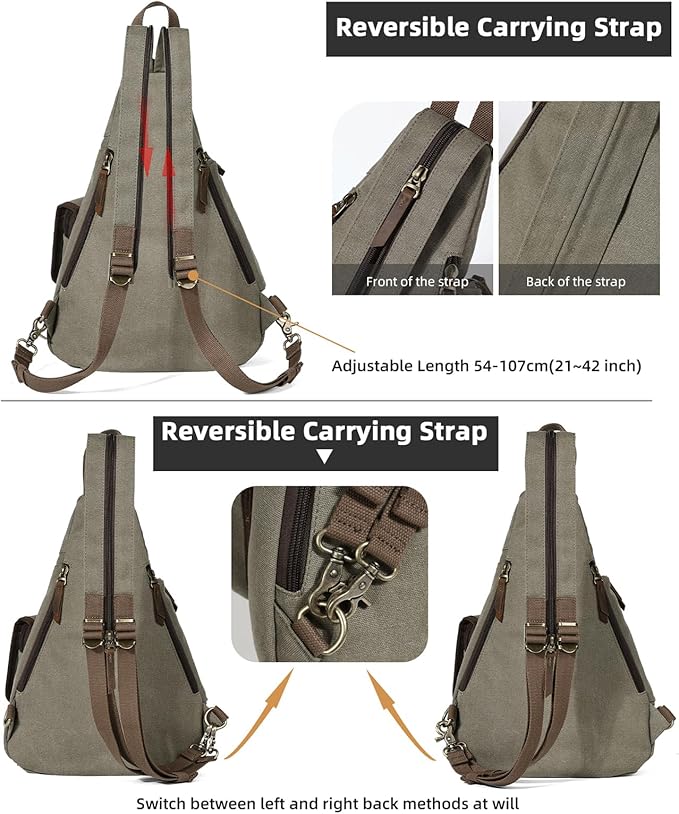 KL928 Canvas Sling Bag - Casual Crossbody Shoulder Daypack Rucksack Backpack for Men Women, Olive Green