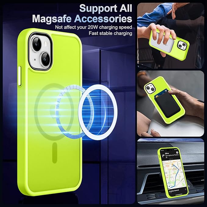 MOCCA Strong Magnetic for iPhone 13 Case, [Compatible with Magsafe][Screen Protector+Camera Lens Protector] Translucent Matte Back Slim Shockproof Case for iPhone 13 Phone Case 6.1", Fluorescent Green