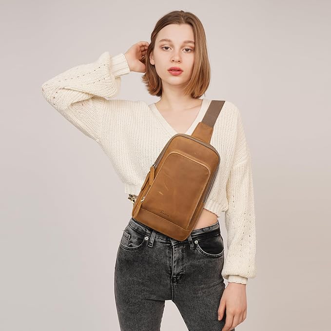 S-ZONE Sling Bag for Men Women RFID Blocking Top Grain Leather Crossbody Shoulder Bag Chest Hiking Daypack Travel