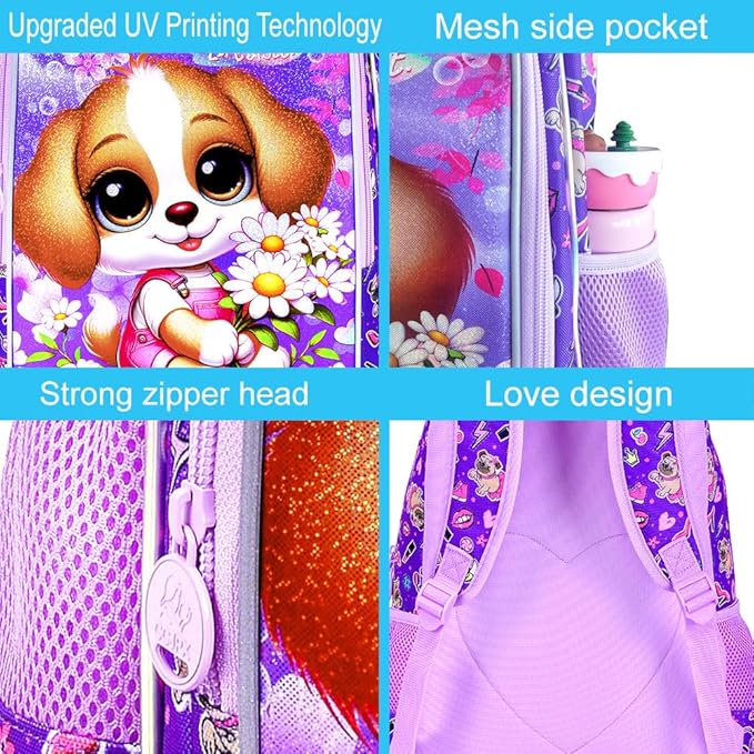 16" Girls Backpack, 3Pcs Dog School Bookbag with Lunch Box, Kids Backpacks for Elementary Preschool Kindergarten(Purple)
