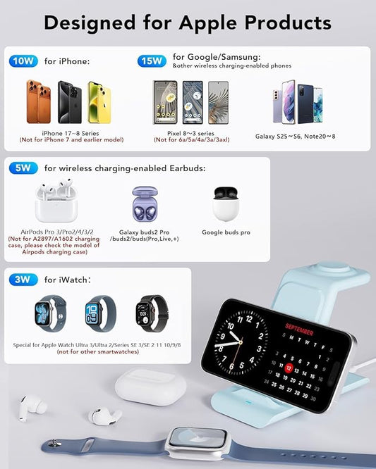 HATALKIN 3 in 1 Wireless Charging Station Compatible for Apple Products Multiple Devices Charger for Apple Watch Ultra 11 10 9 8 7 SE AirPods Pro iPhone 17 16 15 14 13 Pro Max/X/XS Fast Charger Stand