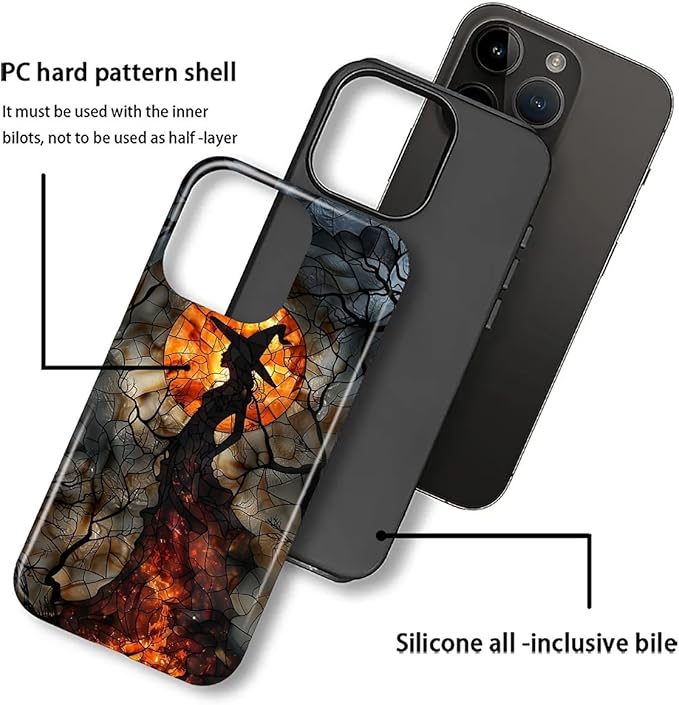 Case for iPhone 16 Pro Case,Halloween Witch Moon Stained Glass Design Hybrid Dual Protection Silicone + Hard PC Shockproof Full Body Cover Slim Anti-Scratch Protective Case for Men Women