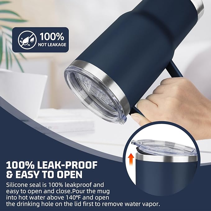 20 oz Tumbler with Handle Stainless Steel Insulated Coffee Mug Tumbler with Lid and Straw Double Wall Vacuum Insulated Coffee Mug Leak Proof Travel Mug Tumbler for Hot and Cold Drink (Navy Blue,1pack)