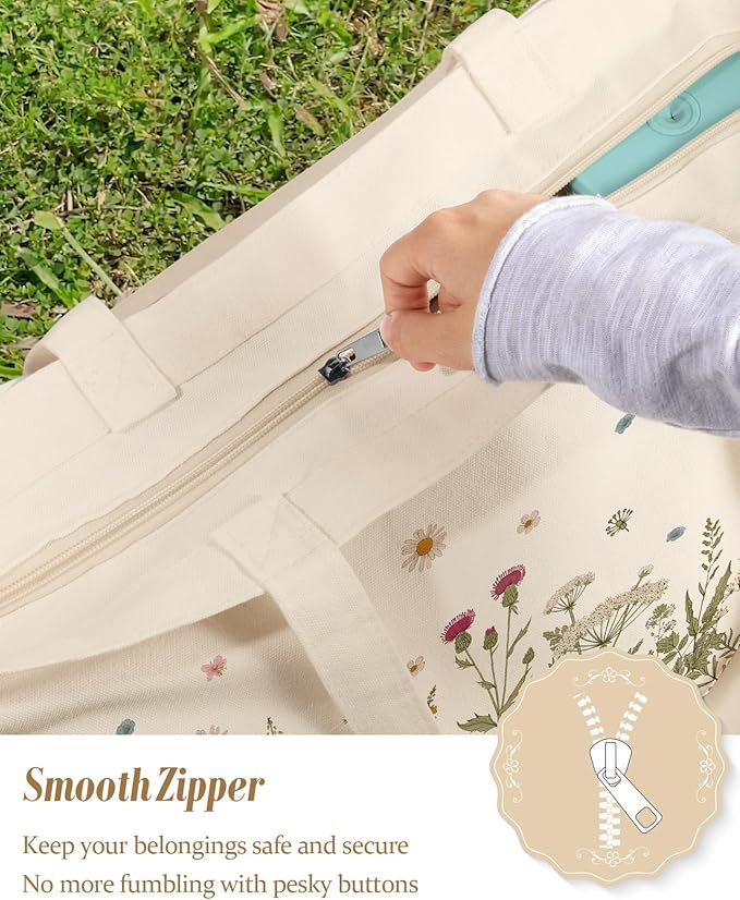 Large Tote Bag for Women - Canvas Tote Bag with Zipper Aesthetic Reusable Shoulder Bag for Gym, Travel, Work