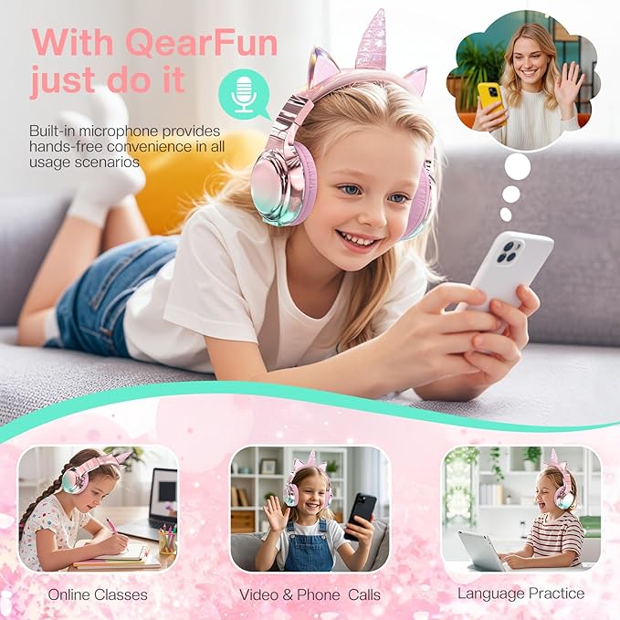 QearFun Kids Unicorn Bluetooth Headphones, 60H Playtime, 74/85/94dB Safe Volume Limit, Metallic Gradient Wireless Headset with Mic, Fast Charging, Foldable, Wired Mode for Girls School/Tablet/Travel