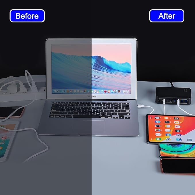 GaN 200W 8-Port USB Fast Charging Station | PD 65W Laptop & Multi-Device Adapter | Compatible with MacBook Pro/Air, iPhone 16/15/14, Galaxy S23/22 (Black)