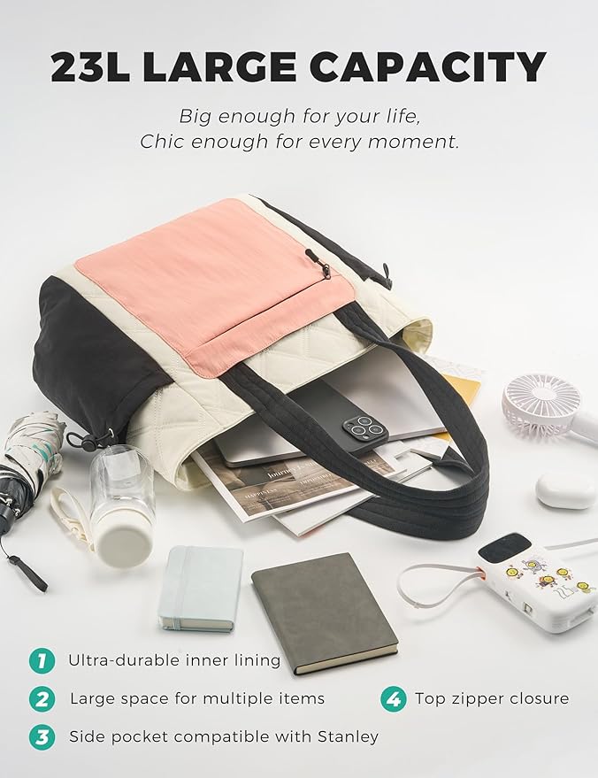 Tote Bag for Women, Lightweight Puffer bag with Zipper & Compartments, Quilted Shoulder Bag for Work, Travel,Gym