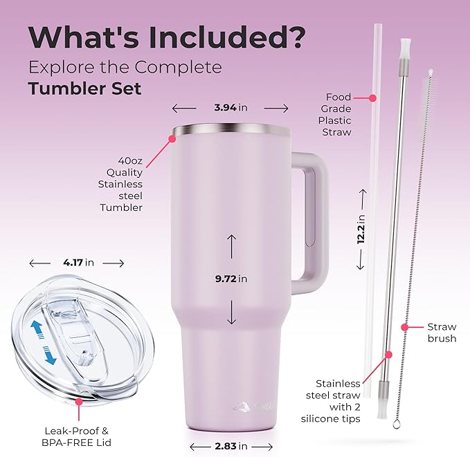 40 oz Tumbler With Handle and Straw Made of Stainless Steel - Double Wall Vacuum Insulated Tumbler With Lid - Sweat Proof Easy Grip, BPA-Free, Dishwasher Safe Tumbler (Orchid)