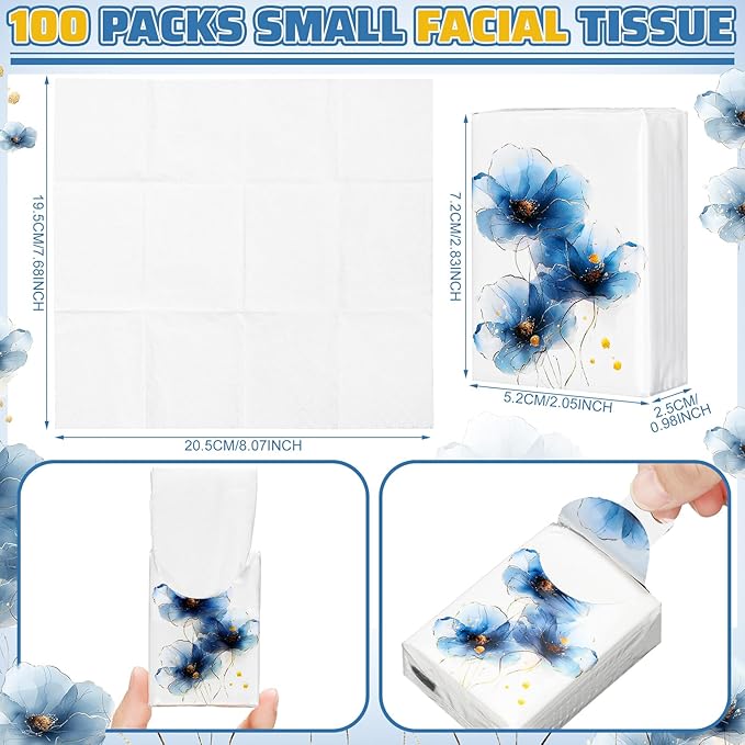 Therwen 100 Pack Pocket Tissues Travel Packs Bulk 1000 Sheet Mini Tissues Bulk 3 Ply Small Travel Size Paper Individual Pocket Size (Elegant)