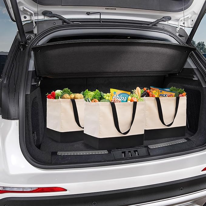 3 Pack Canvas Reusable Grocery Bags Heavy Duty, 8.3 gal Foldable Large Canvas Tote Bag with Handles, Holds 60 lbs Canvas Shopping Bags & Washable Eco-friendly Bags with 5 Pockets, Off white Black