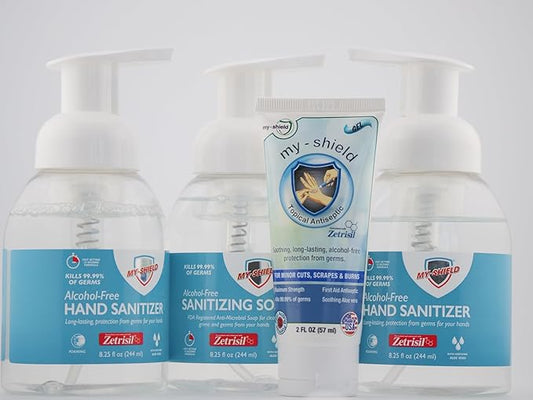 Combo: 2-8.25oz Hand Sanitizer Foam, 8.25oz Sanitizing Soap, 2oz Topical Antiseptic Gel, Alcohol-Free, Long-lasting Protection. Kills Germs. Moisturizes With Aloe Vera