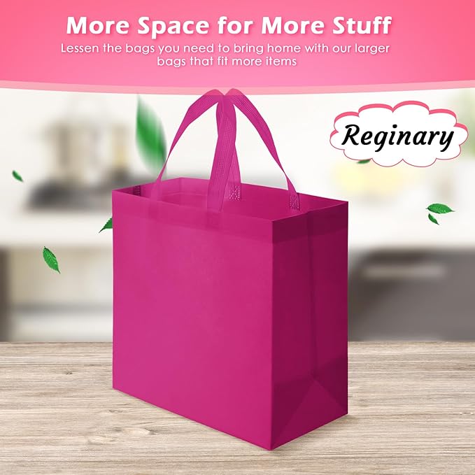 Reginary Reusable Totes Bags - 100 Pcs Non Woven Grocery Handle Bags for Shop Events & Retail Store (Rose Pink)
